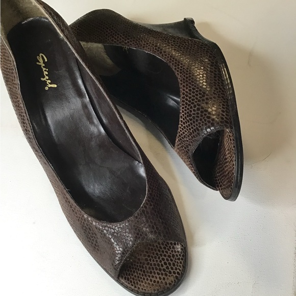 Spiegel Peep Toe Embossed Leather Wedge Size 11 - Picture 3 of 3